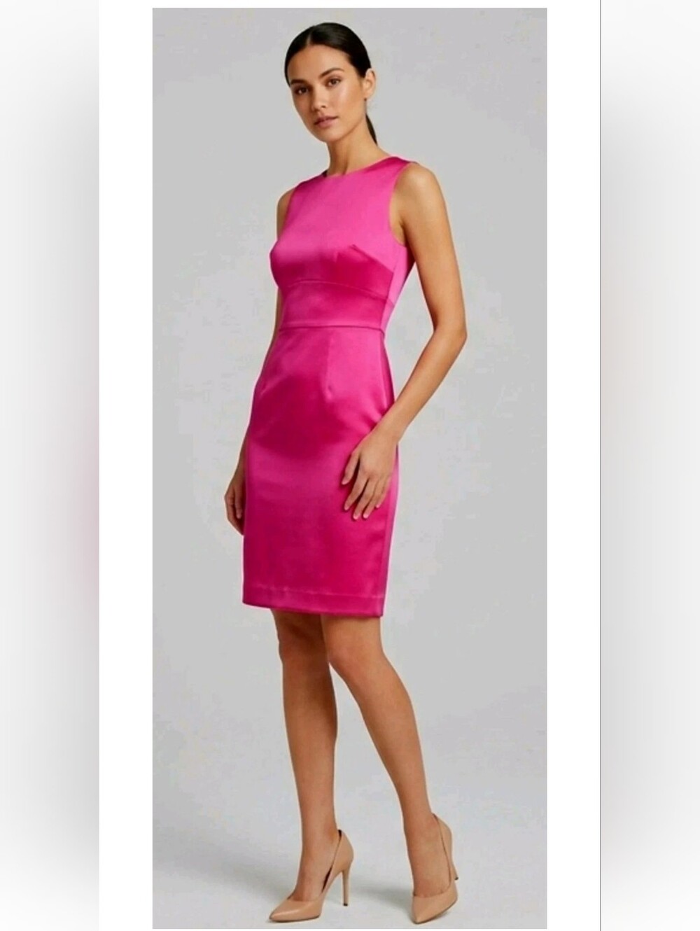 Mary L Couture Sleeveless Sheath Dress Pink Satin Pencil Midi Halter Designer 4